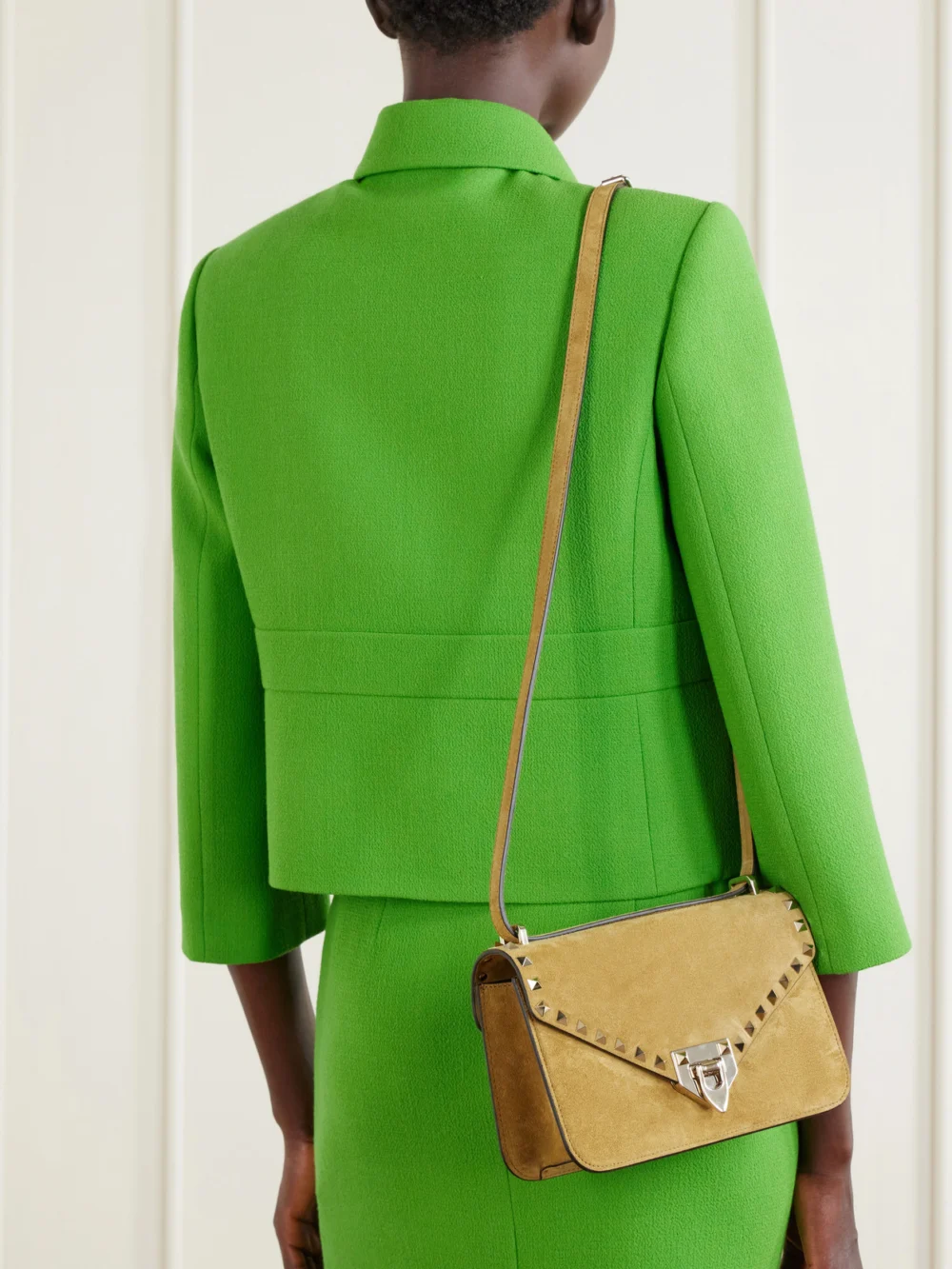 Valentino Garavani Rockstud Embellished Suede Shoulder Bag, styled view