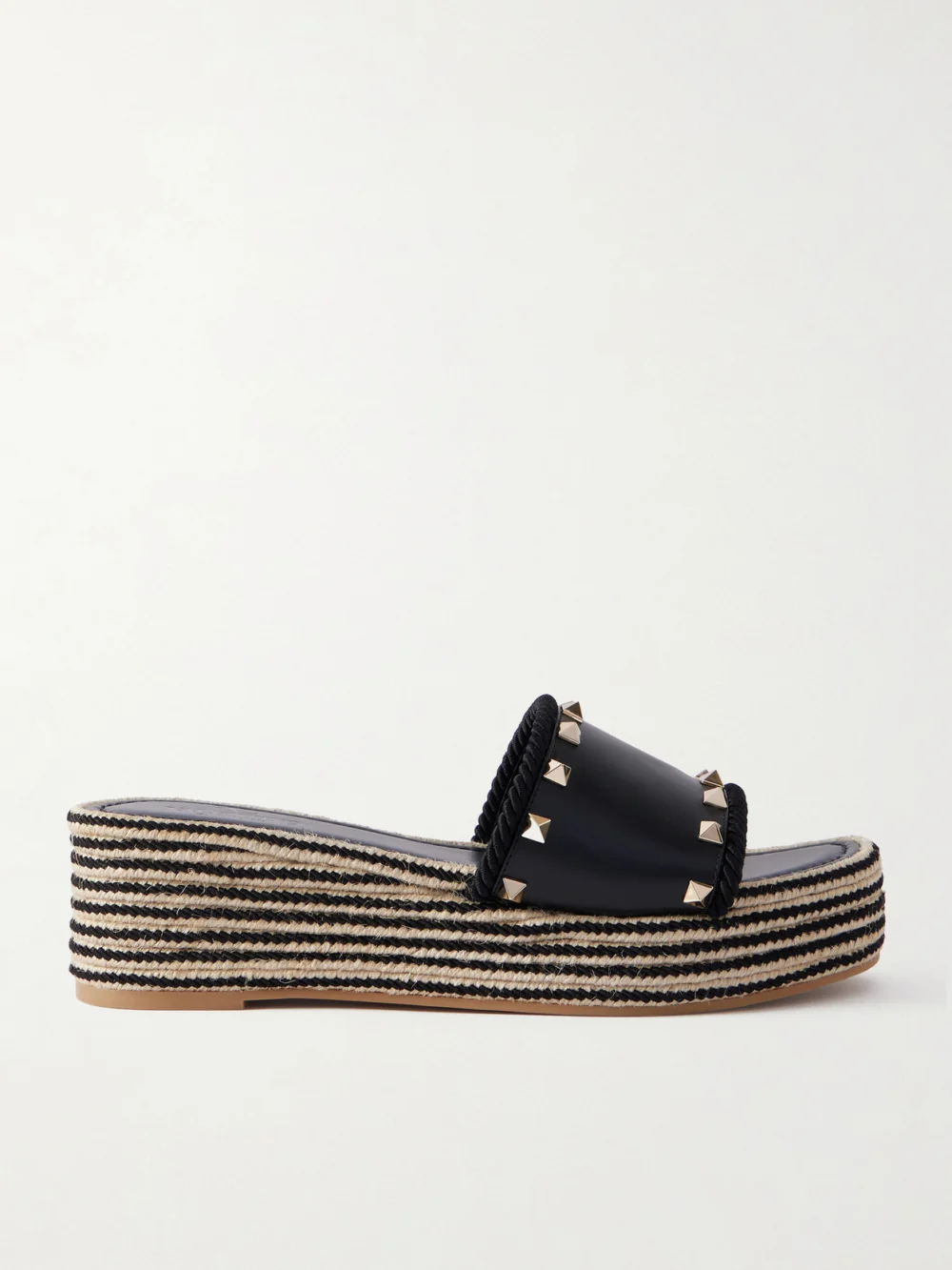 Valentino Garavani Rockstud Leather Platform Espadrille Slides in black