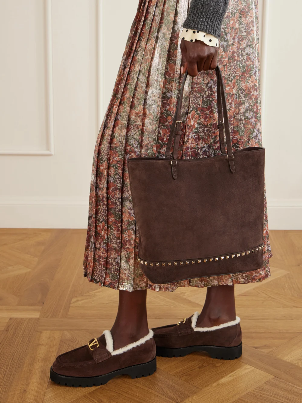 Valentino Garavani Rockstud Medium Suede Tote, styled view