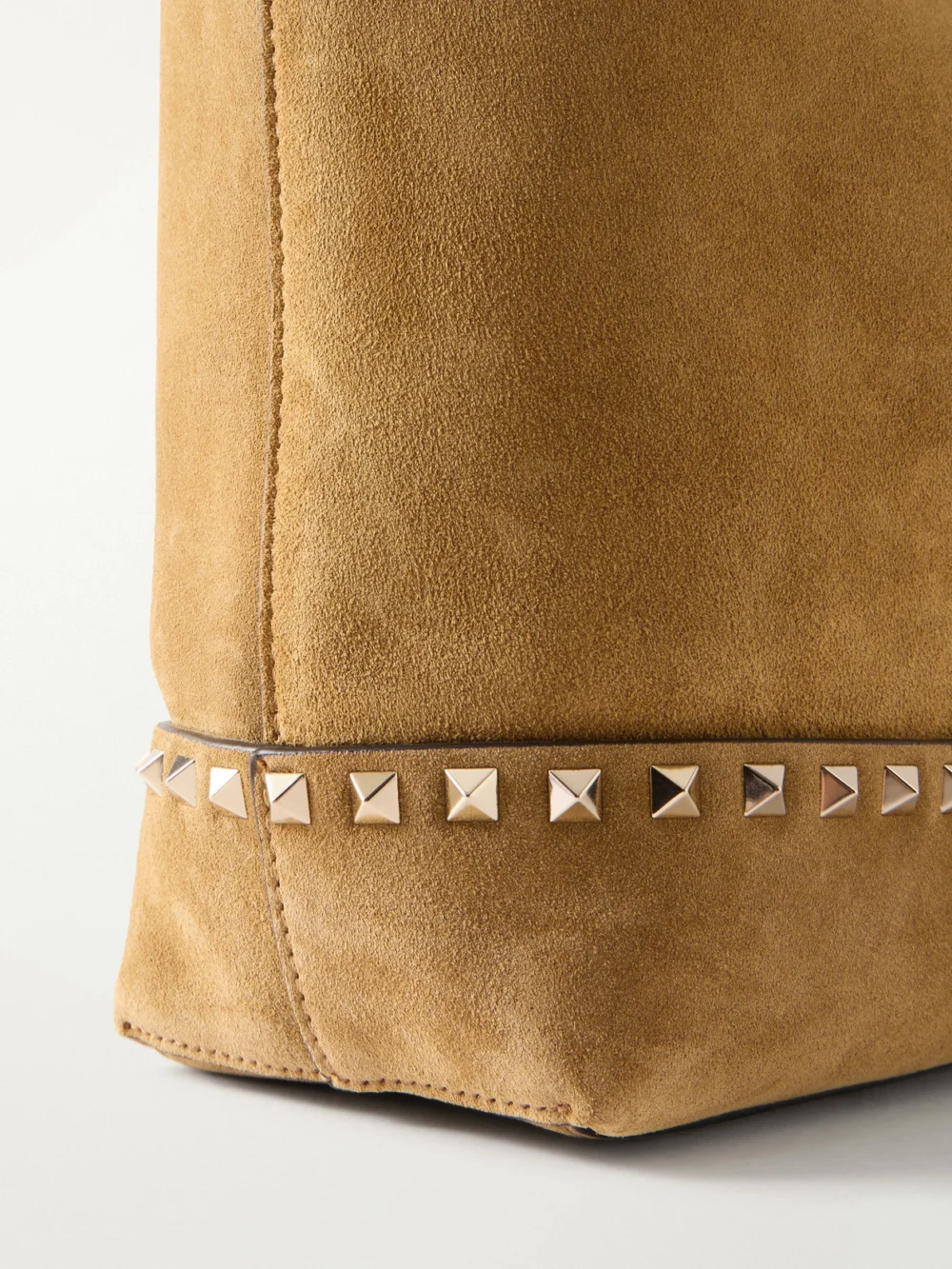 Close-up detail of the Valentino Garavani Rockstud Medium Suede Tote