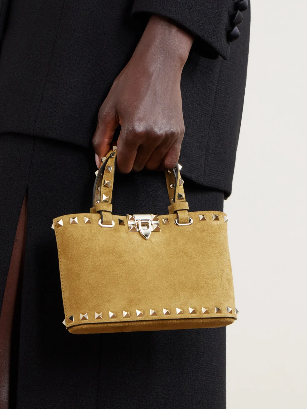 Valentino Garavani Rockstud Mini Embellished Suede Tote, styled view