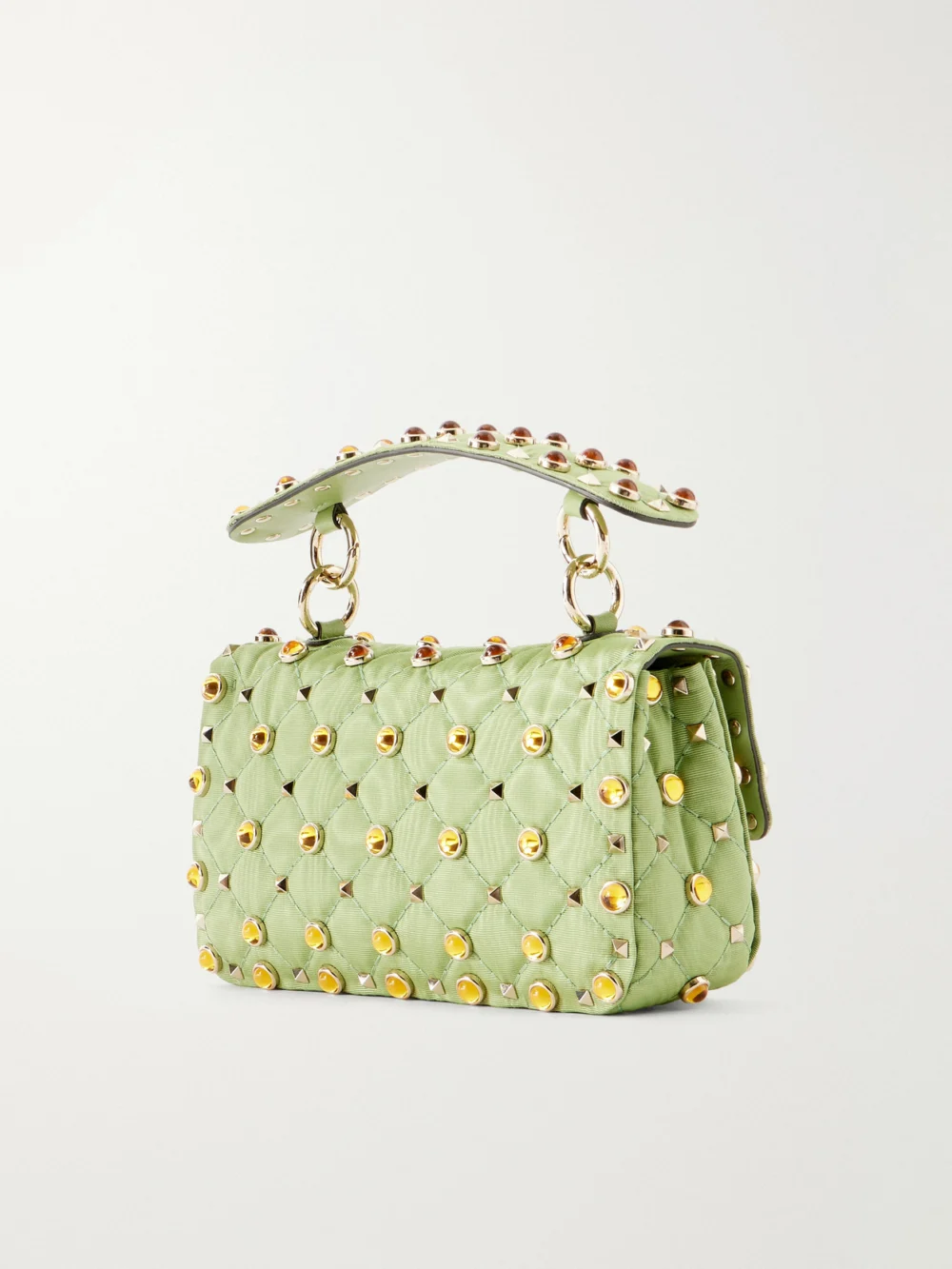 Back view of the Valentino Garavani Rockstud Spike Studded Bead-embellished Quilted Moire Top-handle Bag