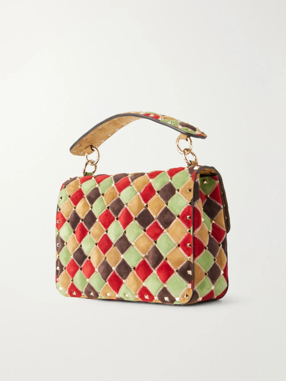 Back view of the Valentino Garavani Rockstud Spike Studded Suede Shoulder Bag