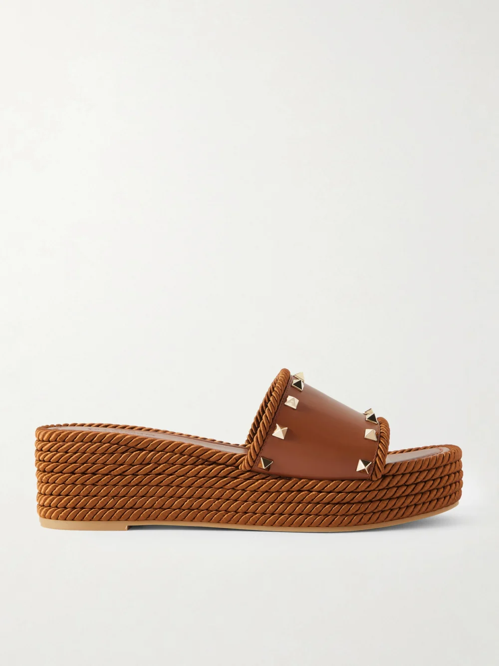 Valentino Garavani Rockstud Torchon Leather Platform Espadrille Slides in tan