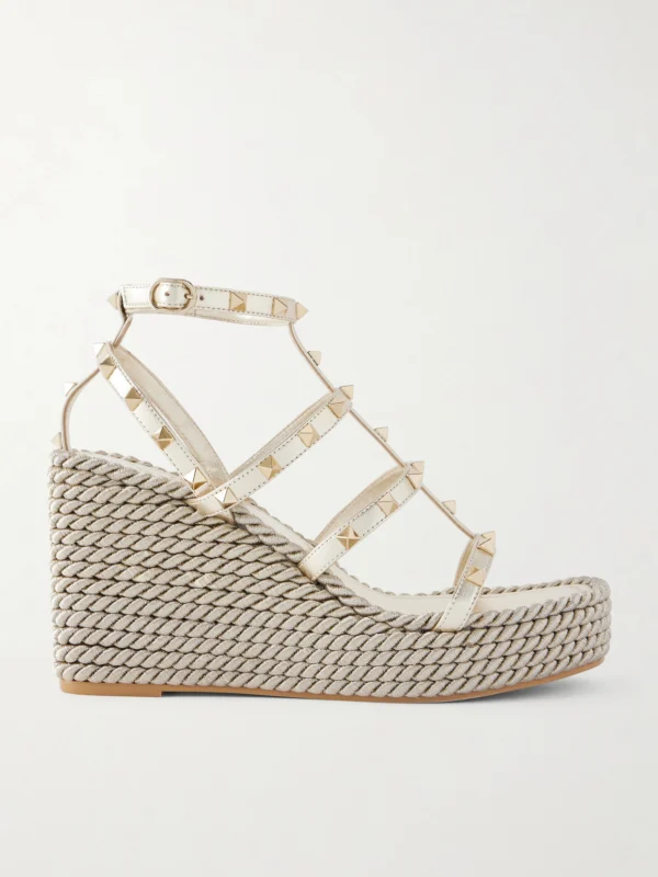 Valentino Garavani Rockstud Tourchon Metallic Leather Espadrille Wedge Sandals
