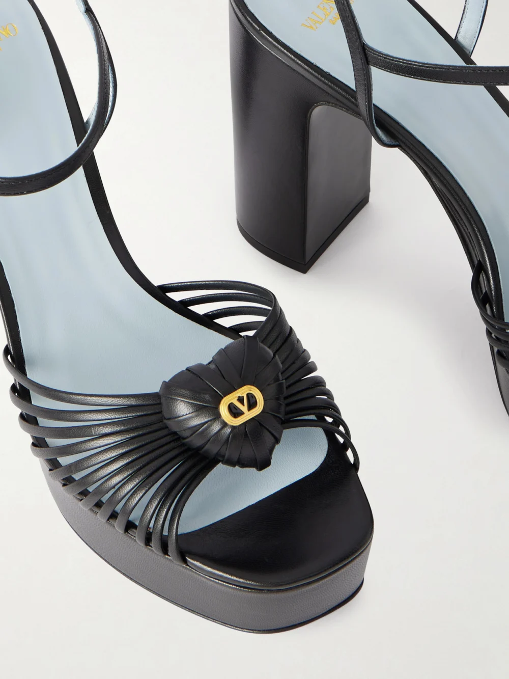 Close-up detail of the Valentino Garavani Royal 115 Embellished Leather Platform Sandals
