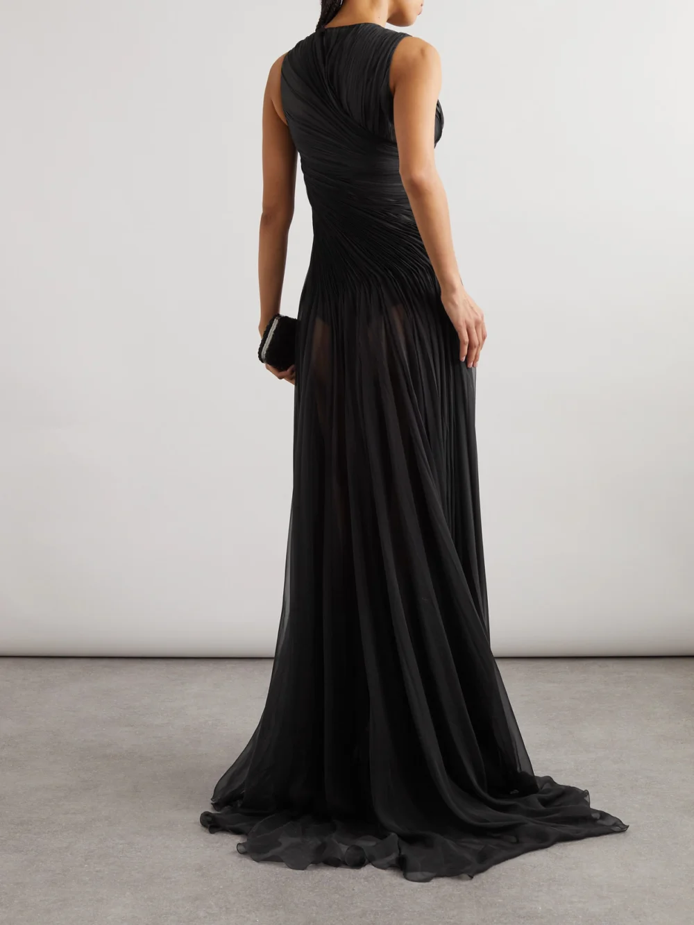 Back view of the Valentino Garavani Ruched Pleated Silk-chiffon Gown