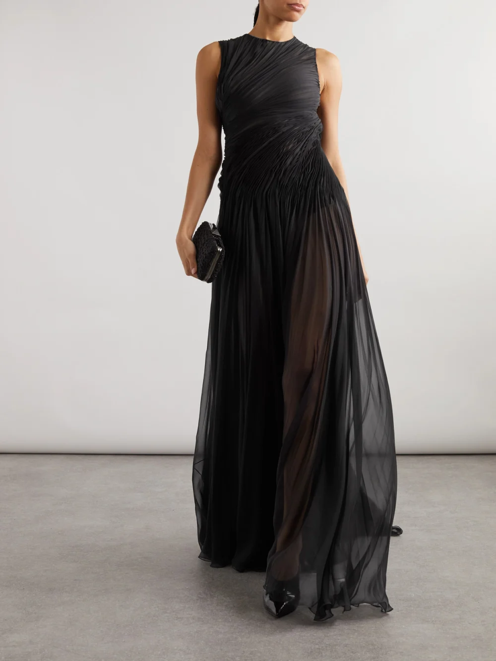 Valentino Garavani Ruched Pleated Silk-chiffon Gown, worn by a model