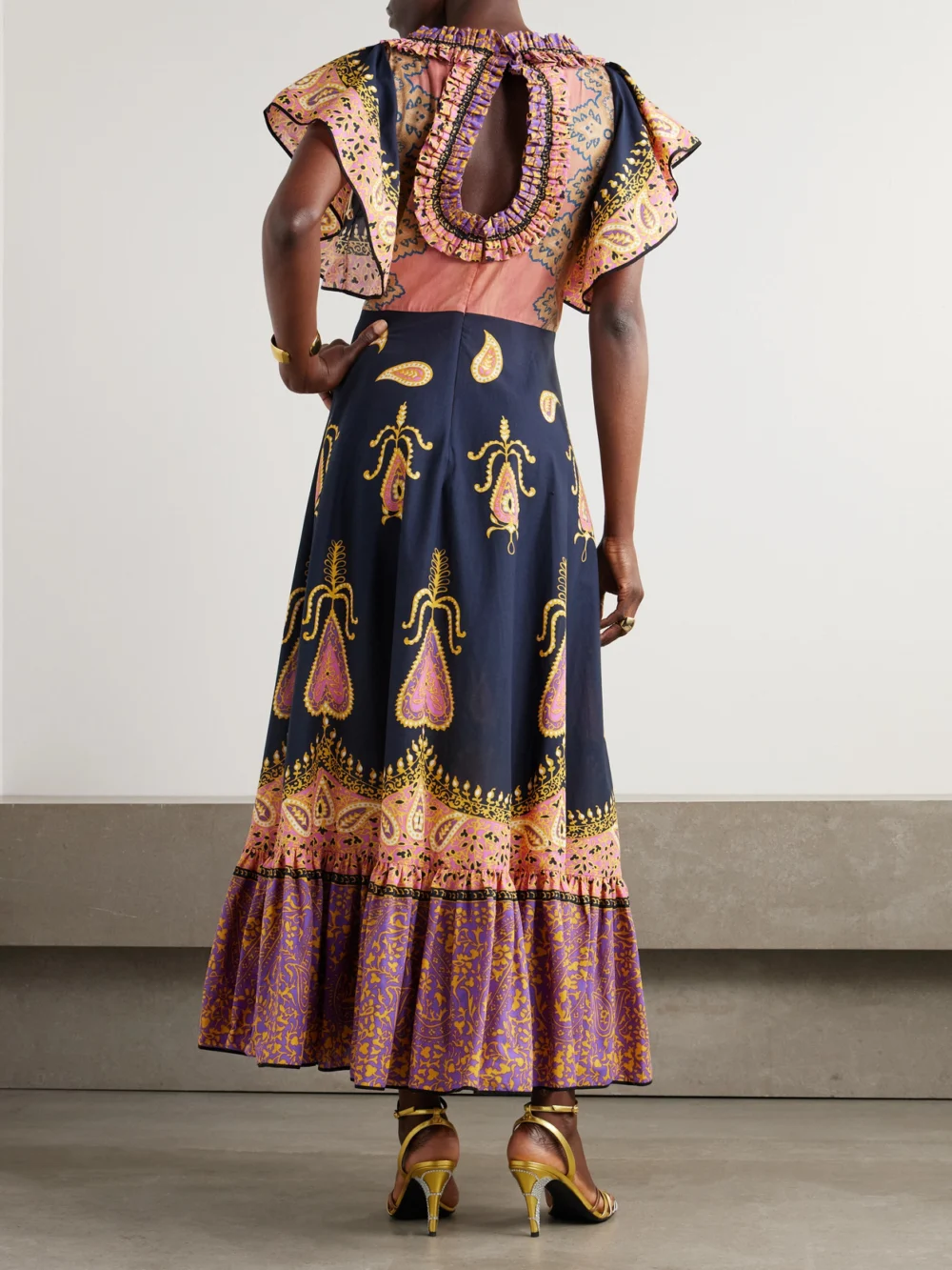 Back view of the Valentino Garavani Ruched Tiered Paisley-print Cotton-muslin Midi Dress