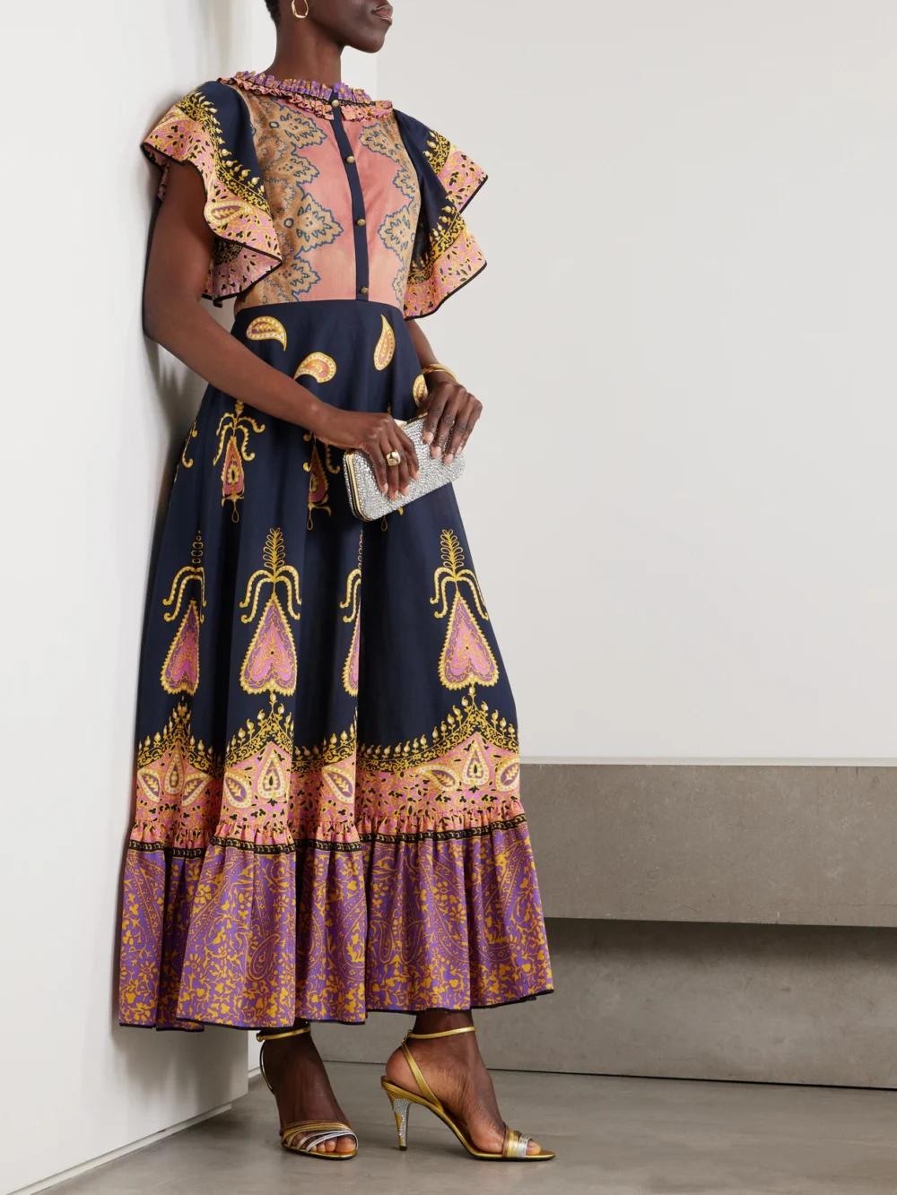 Valentino Garavani Ruched Tiered Paisley-print Cotton-muslin Midi Dress, worn by a model