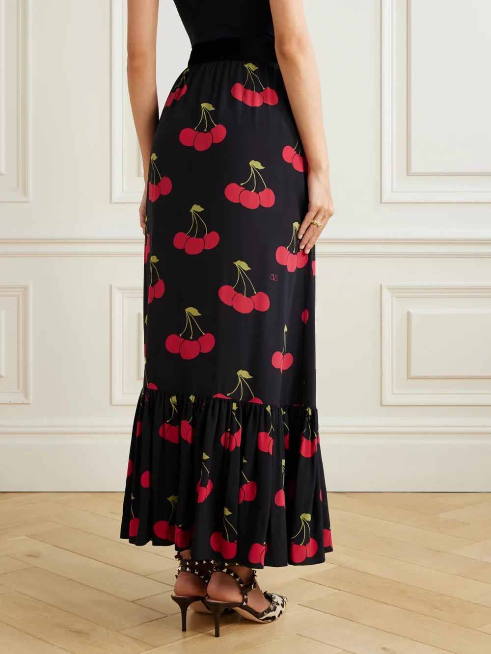 Back view of the Valentino Garavani Ruched Velvet-trimmed Printed Silk-crepe Maxi Skirt