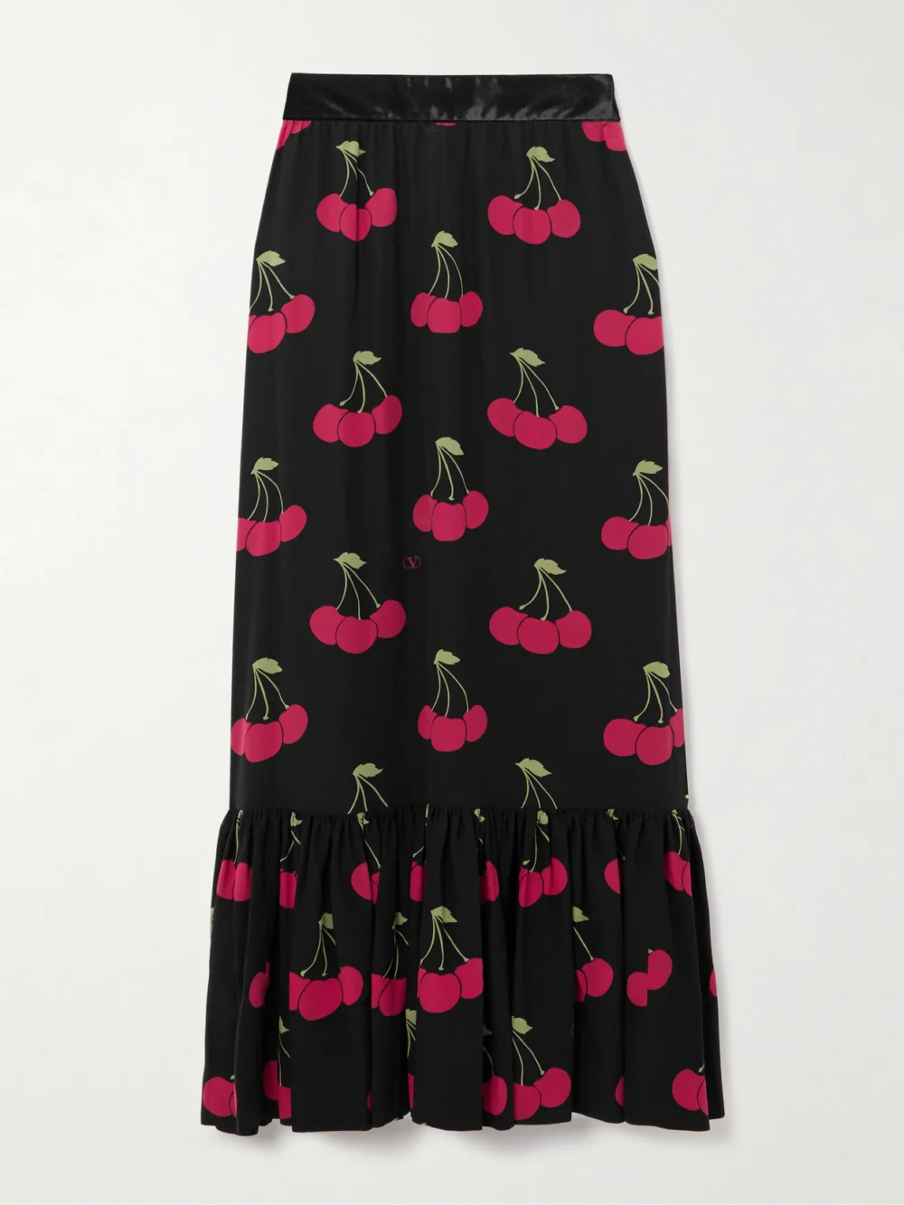 Valentino Garavani Ruched Velvet-trimmed Printed Silk-crepe Maxi Skirt in black