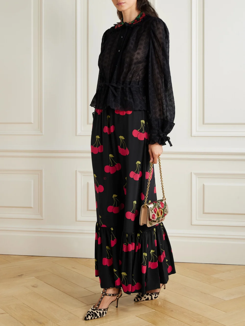 Valentino Garavani Ruched Velvet-trimmed Printed Silk-crepe Maxi Skirt, worn by a model