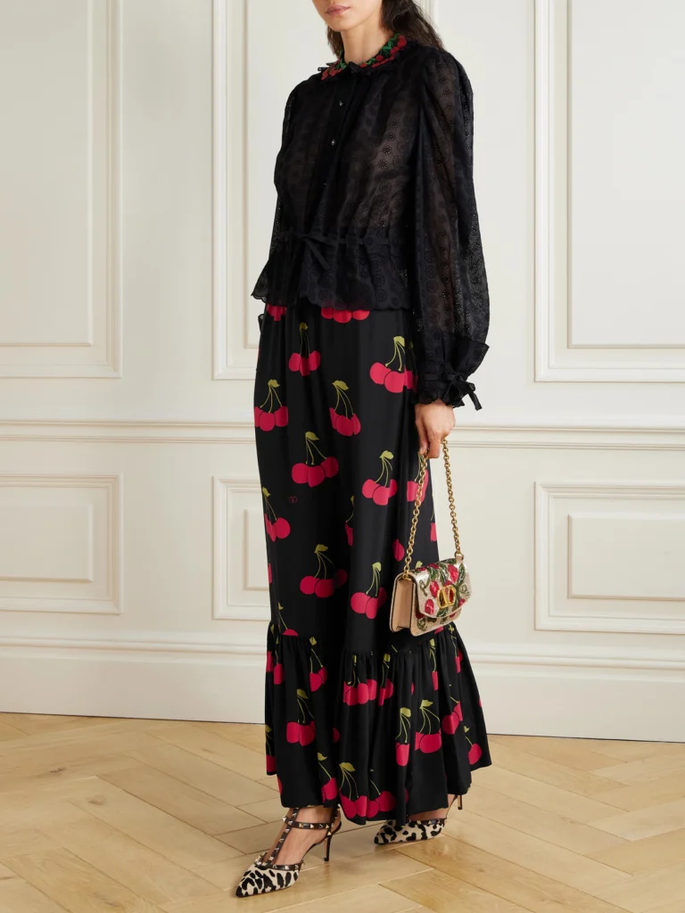 Valentino Garavani Ruched Velvet-trimmed Printed Silk-crepe Maxi Skirt