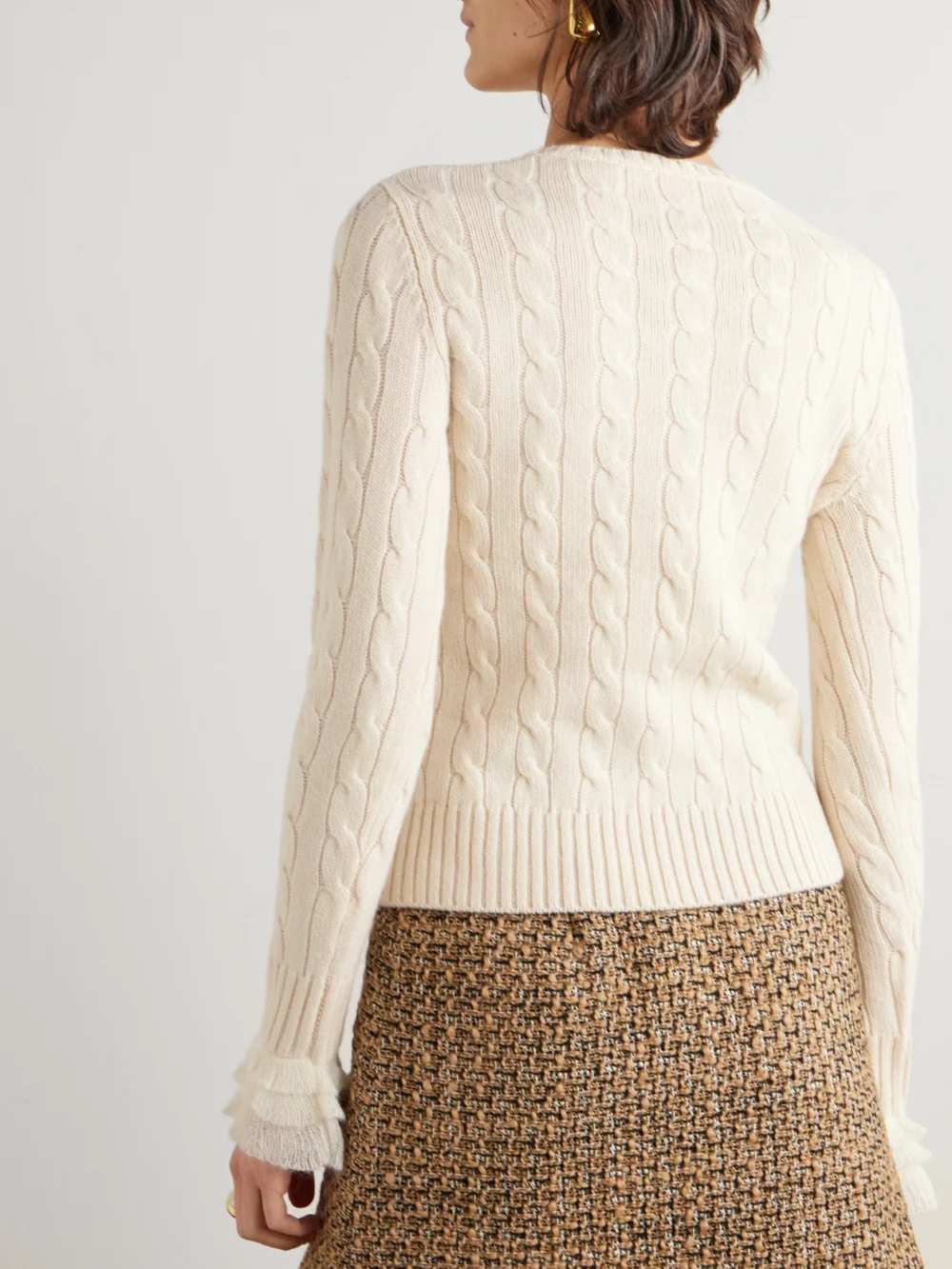 Back view of the Valentino Garavani Ruffle-trimmed Embellished Cable-knit Cashmere Sweater