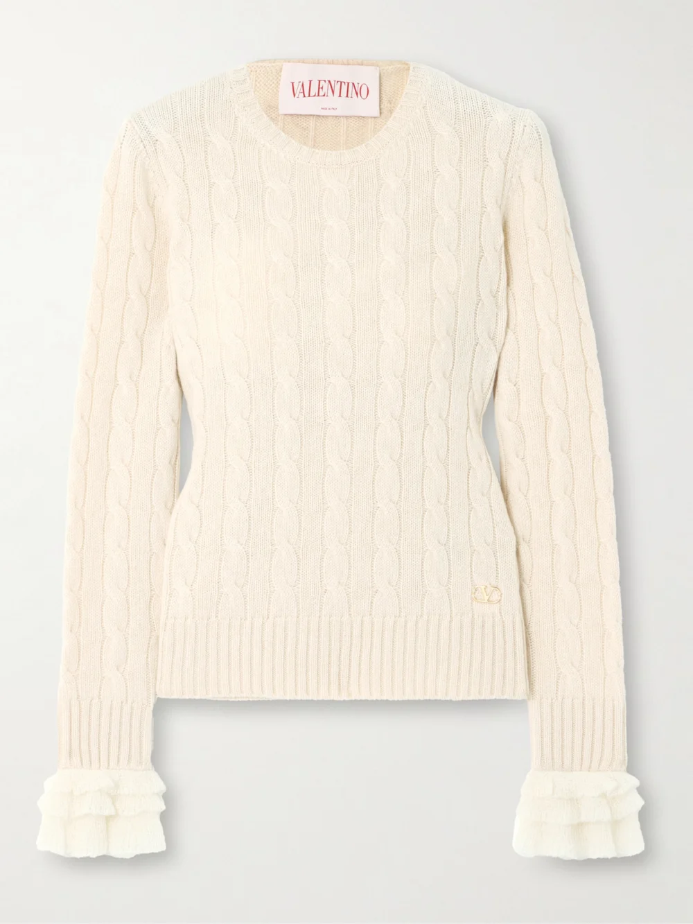 Valentino Garavani Ruffle-trimmed Embellished Cable-knit Cashmere Sweater in ivory
