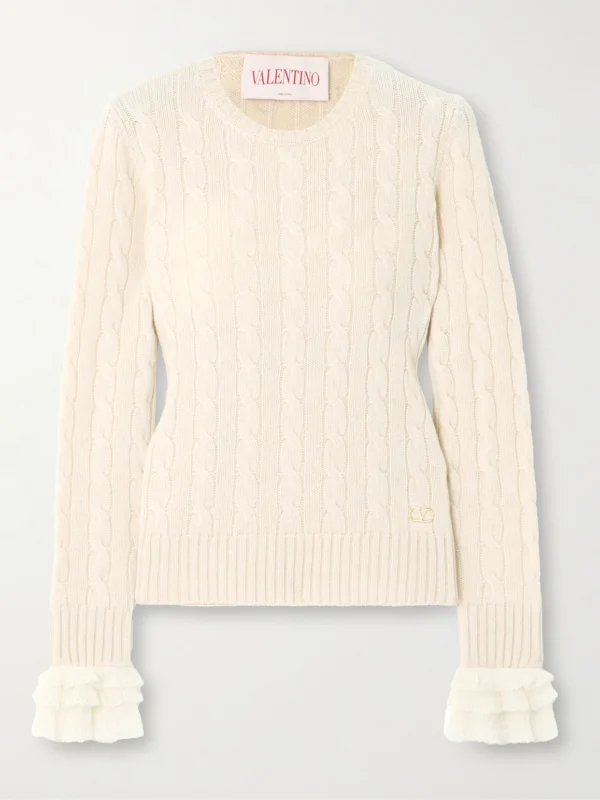 Valentino Garavani Ruffle-trimmed Embellished Cable-knit Cashmere Sweater
