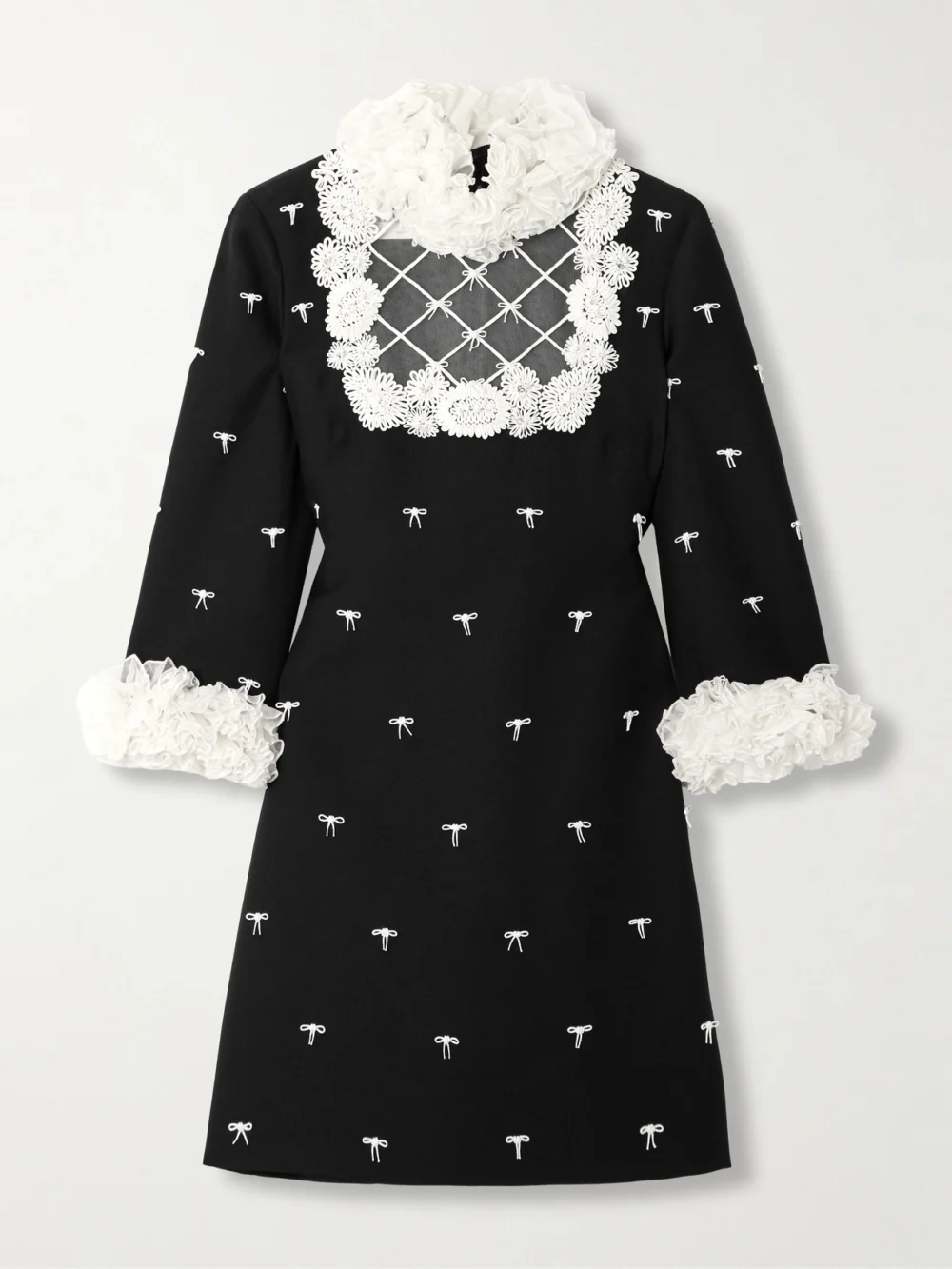 Valentino Garavani Ruffled Bow-detailed Embellished Mesh-trimmed Wool and Silk-blend Crepe Mini Dress in black