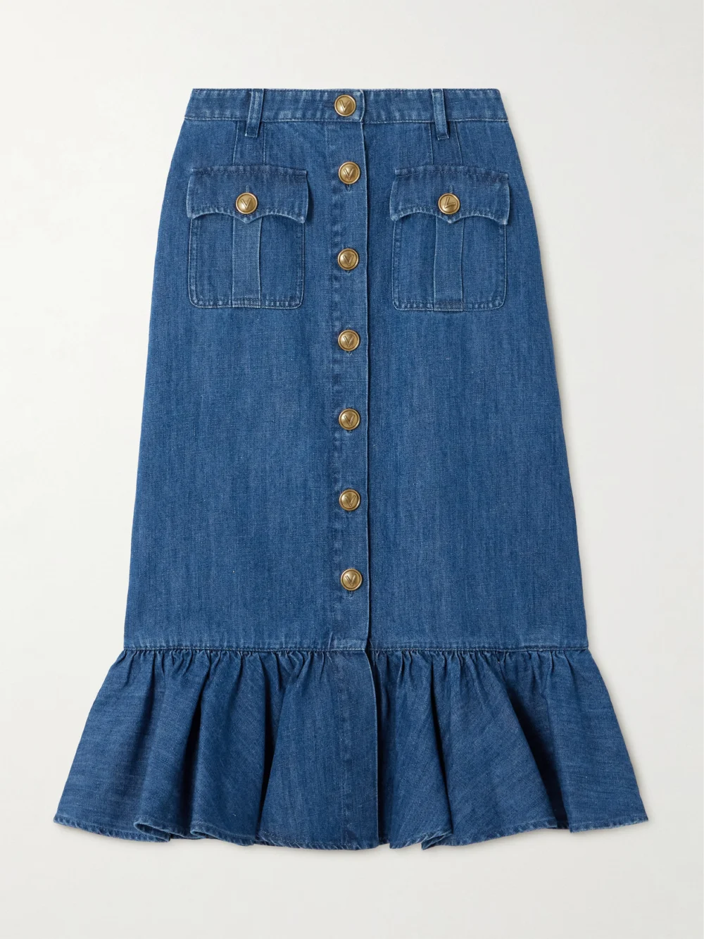 Valentino Garavani Ruffled Denim Midi Skirt in blue