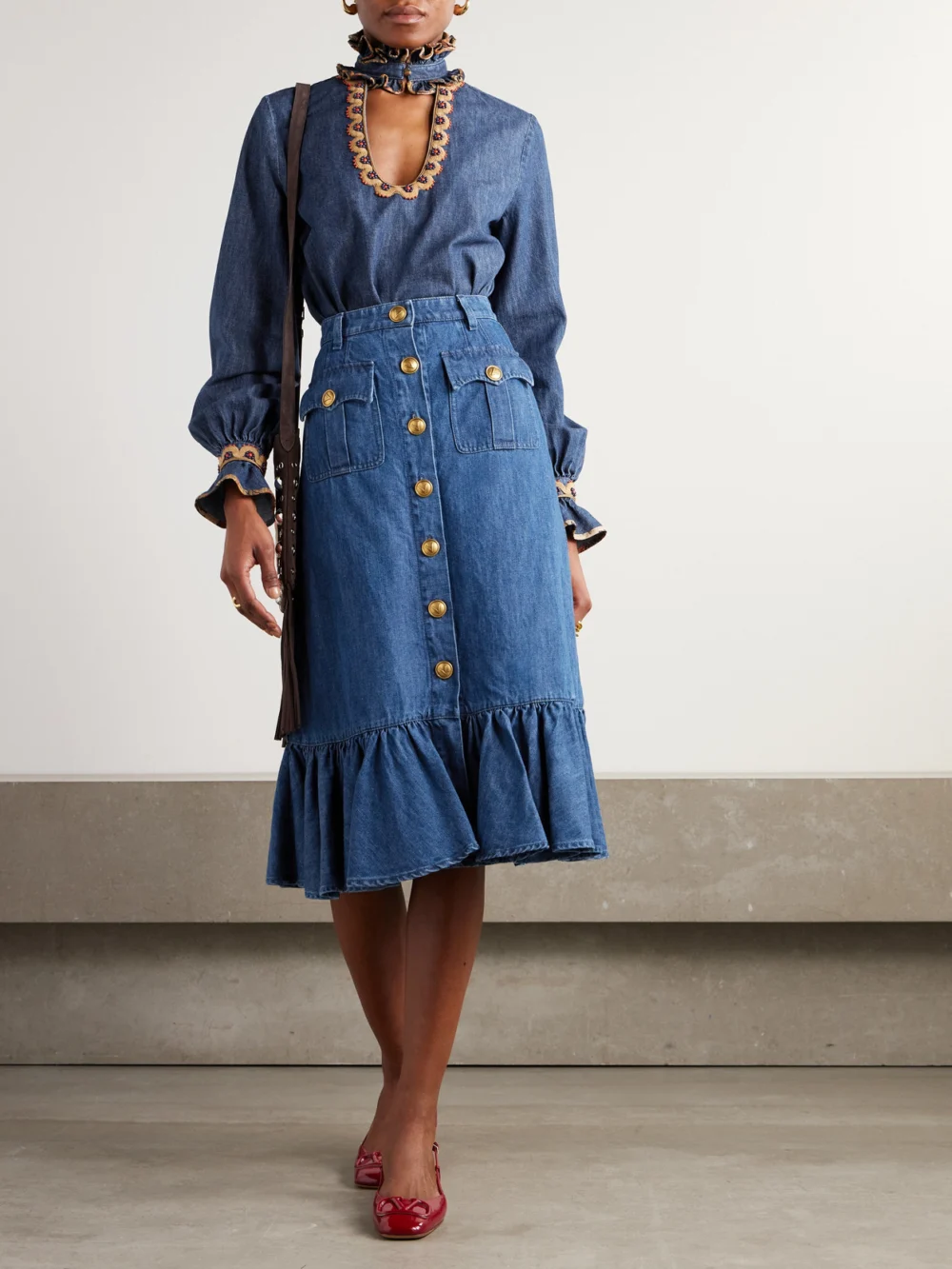 Valentino Garavani Ruffled Denim Midi Skirt, worn by a model