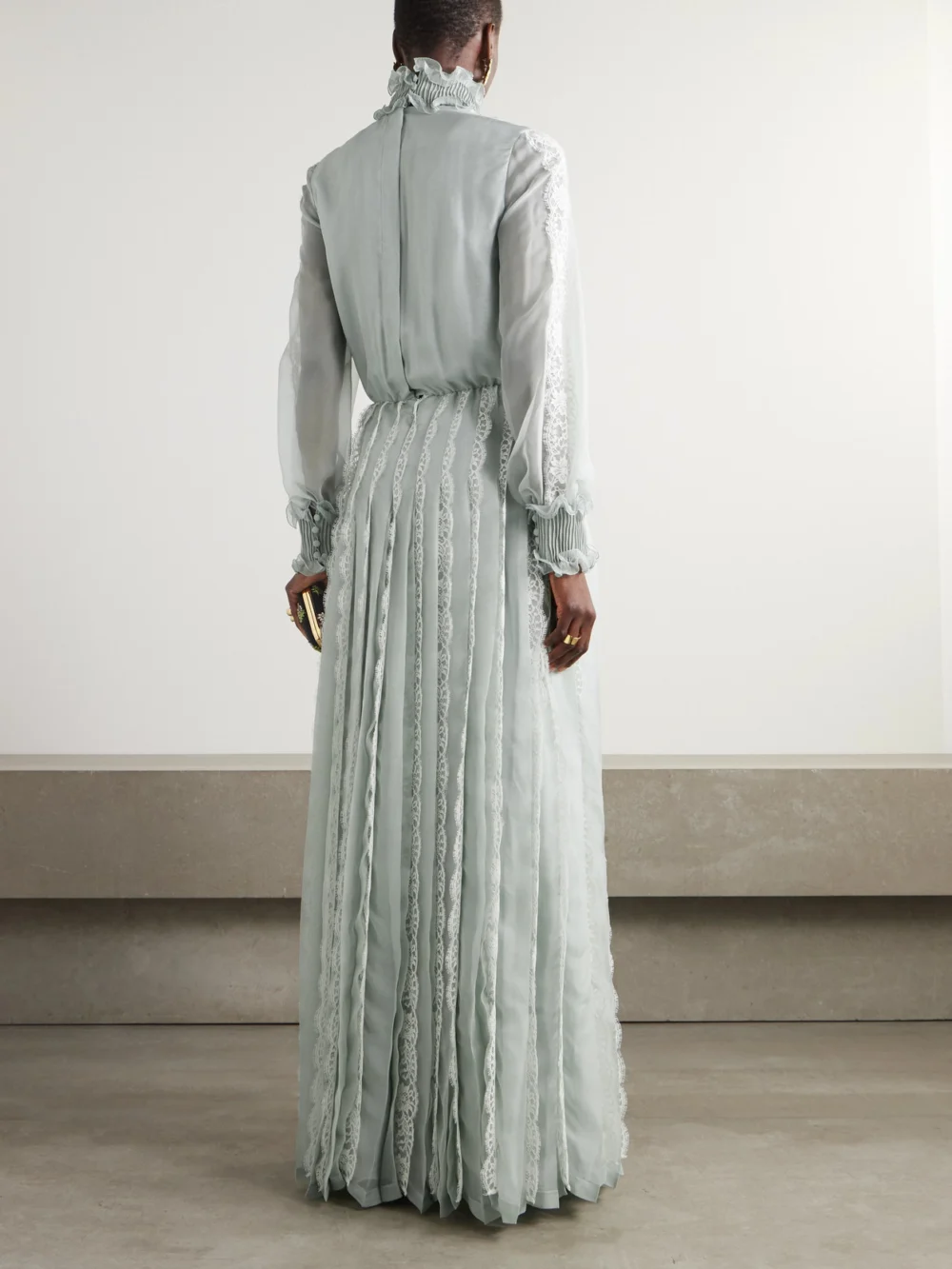 Back view of the Valentino Garavani Ruffled Lace-trimmed Pleated Silk-chiffon Gown