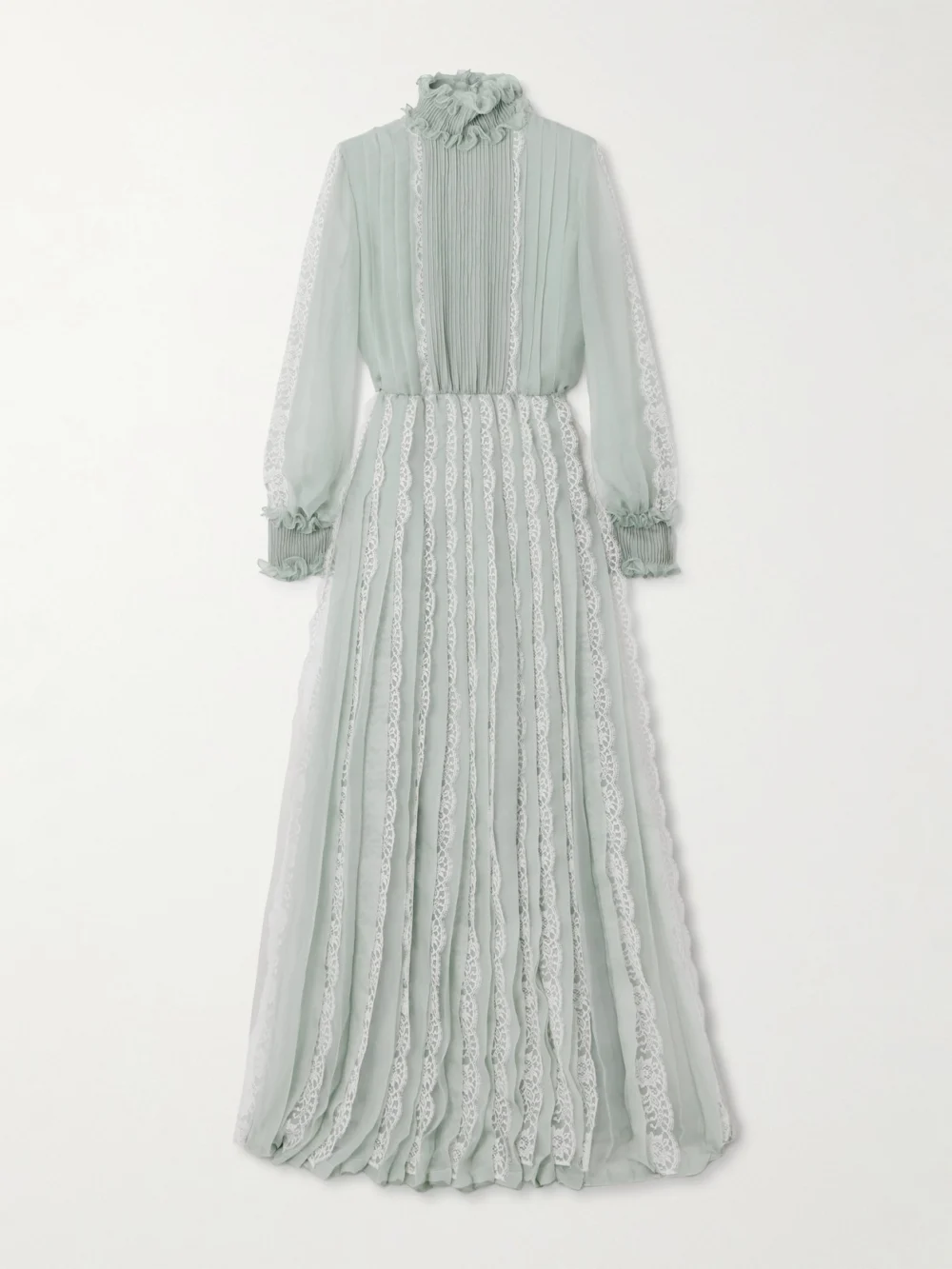 Valentino Garavani Ruffled Lace-trimmed Pleated Silk-chiffon Gown in blue