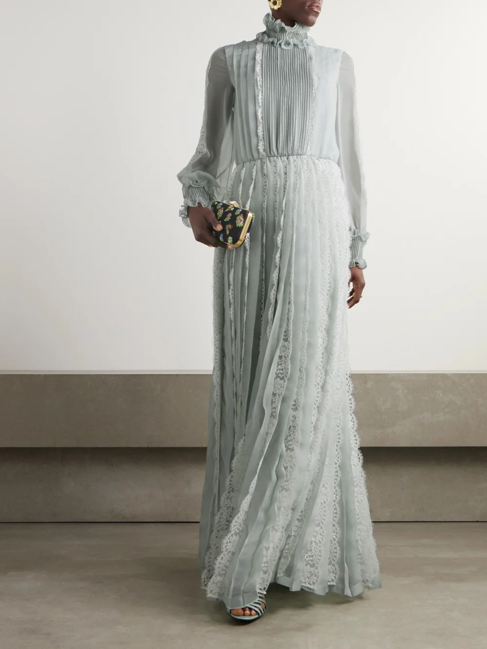 Valentino Garavani Ruffled Lace-trimmed Pleated Silk-chiffon Gown, worn by a model