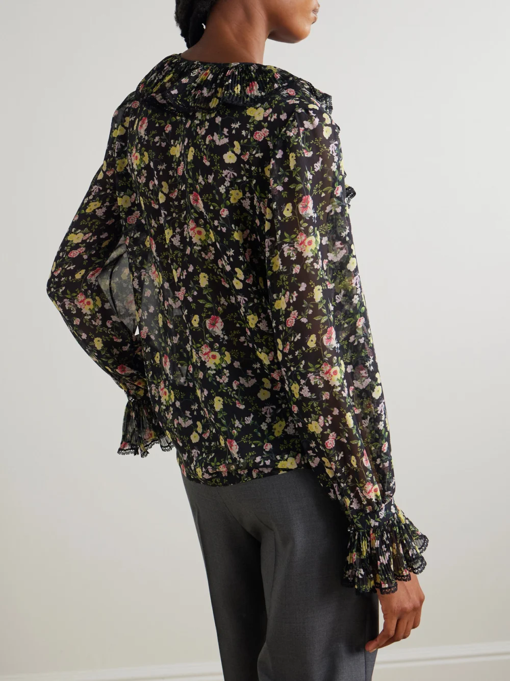 Back view of the Valentino Garavani Ruffled Printed Silk-chiffon Blouse