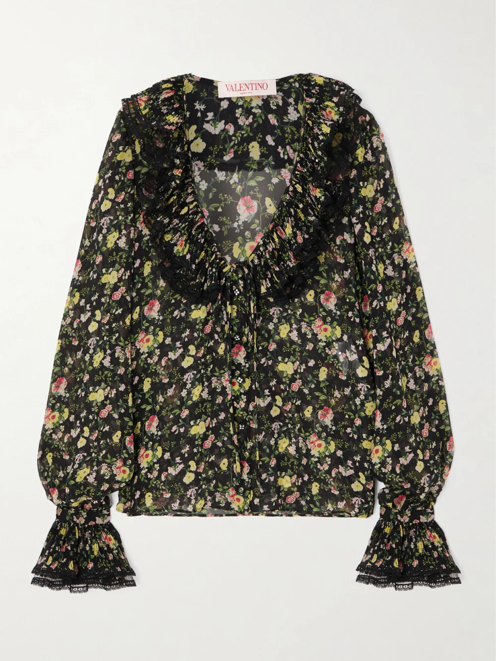 Valentino Garavani Ruffled Printed Silk-chiffon Blouse in black