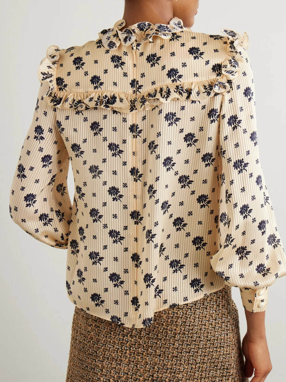 Back view of the Valentino Garavani Ruffled Printed Striped Silk-jacquard Blouse