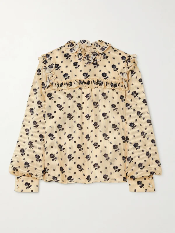 Valentino Garavani Ruffled Printed Striped Silk-jacquard Blouse
