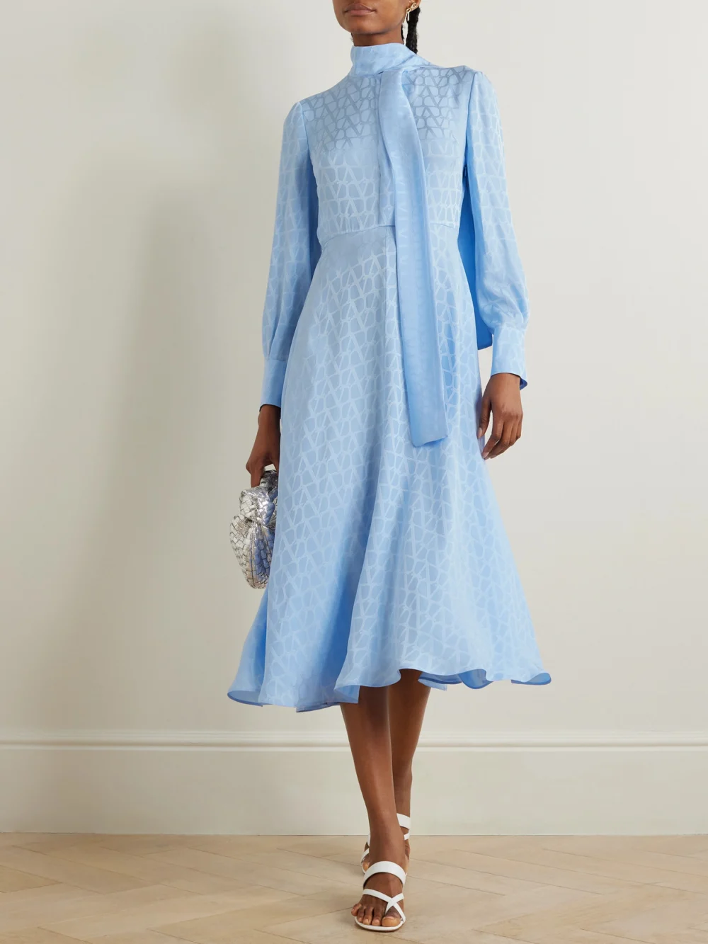 Valentino Garavani Scarf-detailed Silk-jacquard Midi Dress, worn by a model