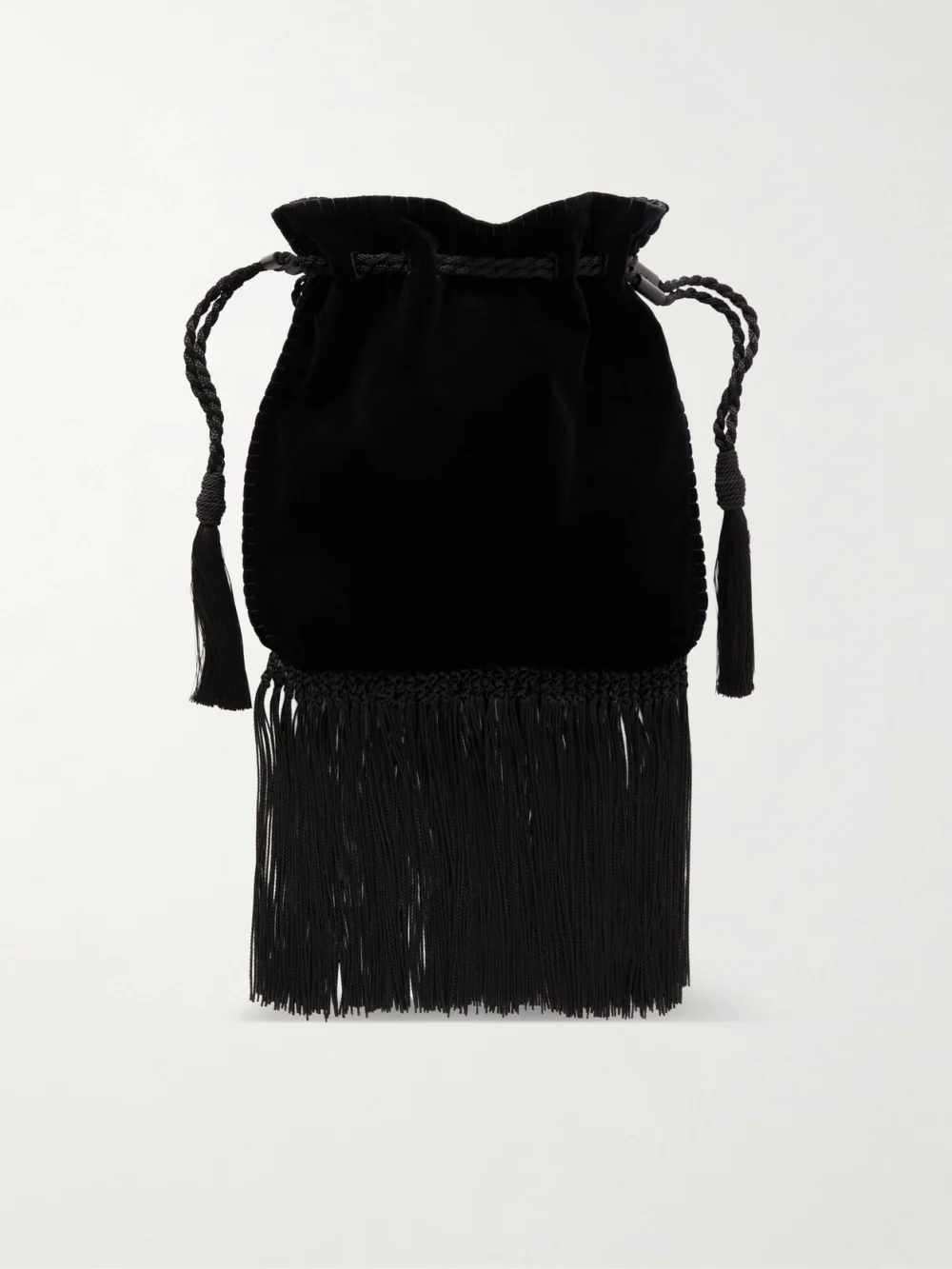 Back view of the Valentino Garavani Sequin and Bead-embellished Fringed Velvet Drawstring Shoulder Bag
