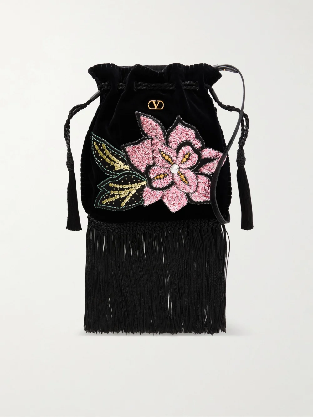 Valentino Garavani Sequin and Bead-embellished Fringed Velvet Drawstring Shoulder Bag in black