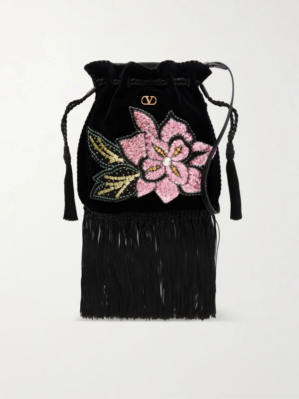 Valentino Garavani Sequin and Bead-embellished Fringed Velvet Drawstring Shoulder Bag