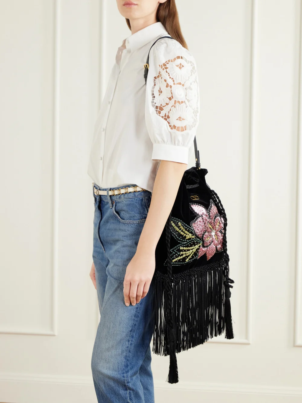 Valentino Garavani Sequin and Bead-embellished Fringed Velvet Drawstring Shoulder Bag, styled view