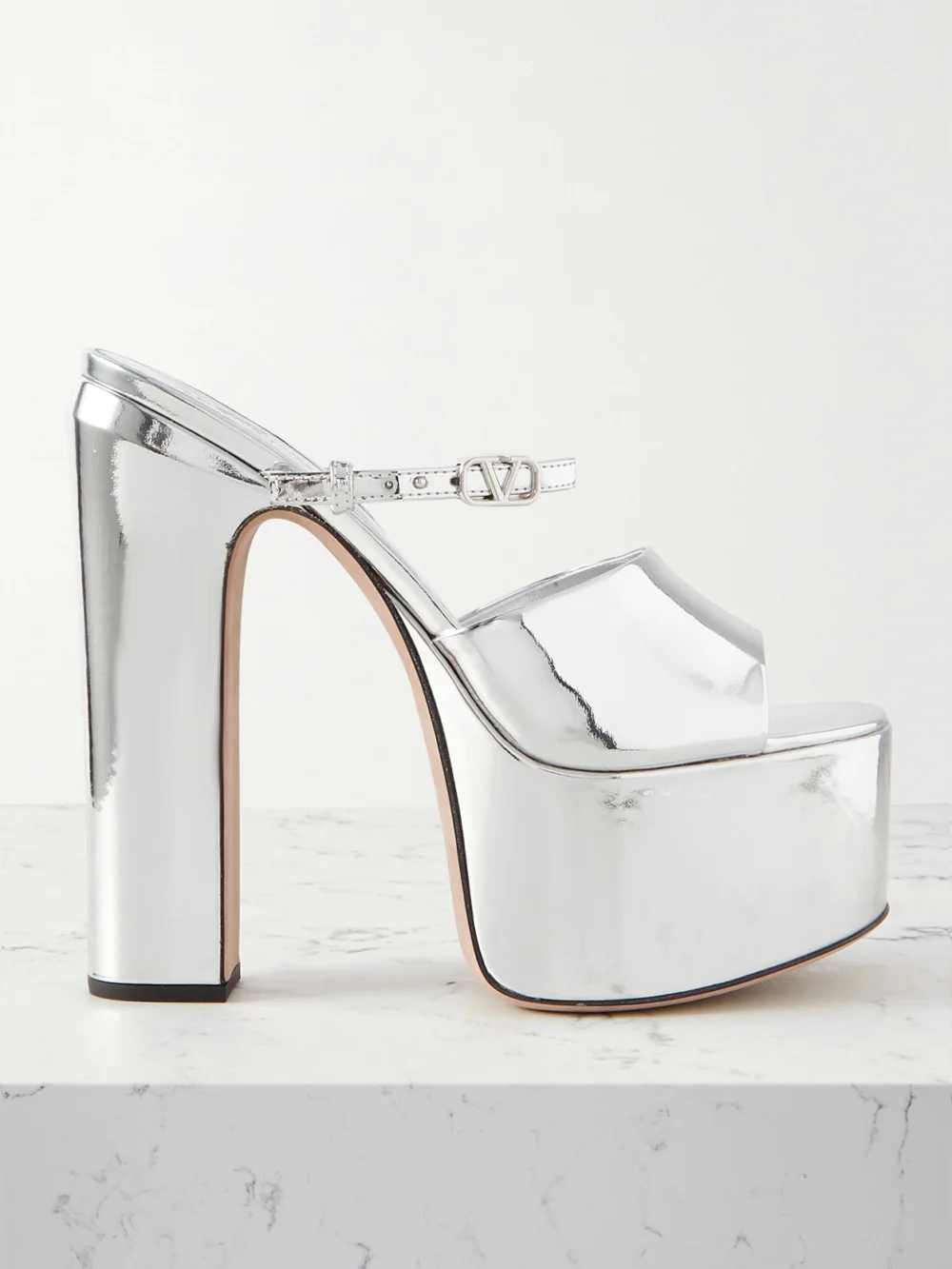 Valentino Garavani Tan-go 155 Mirrored-leather Platform Mules in silver