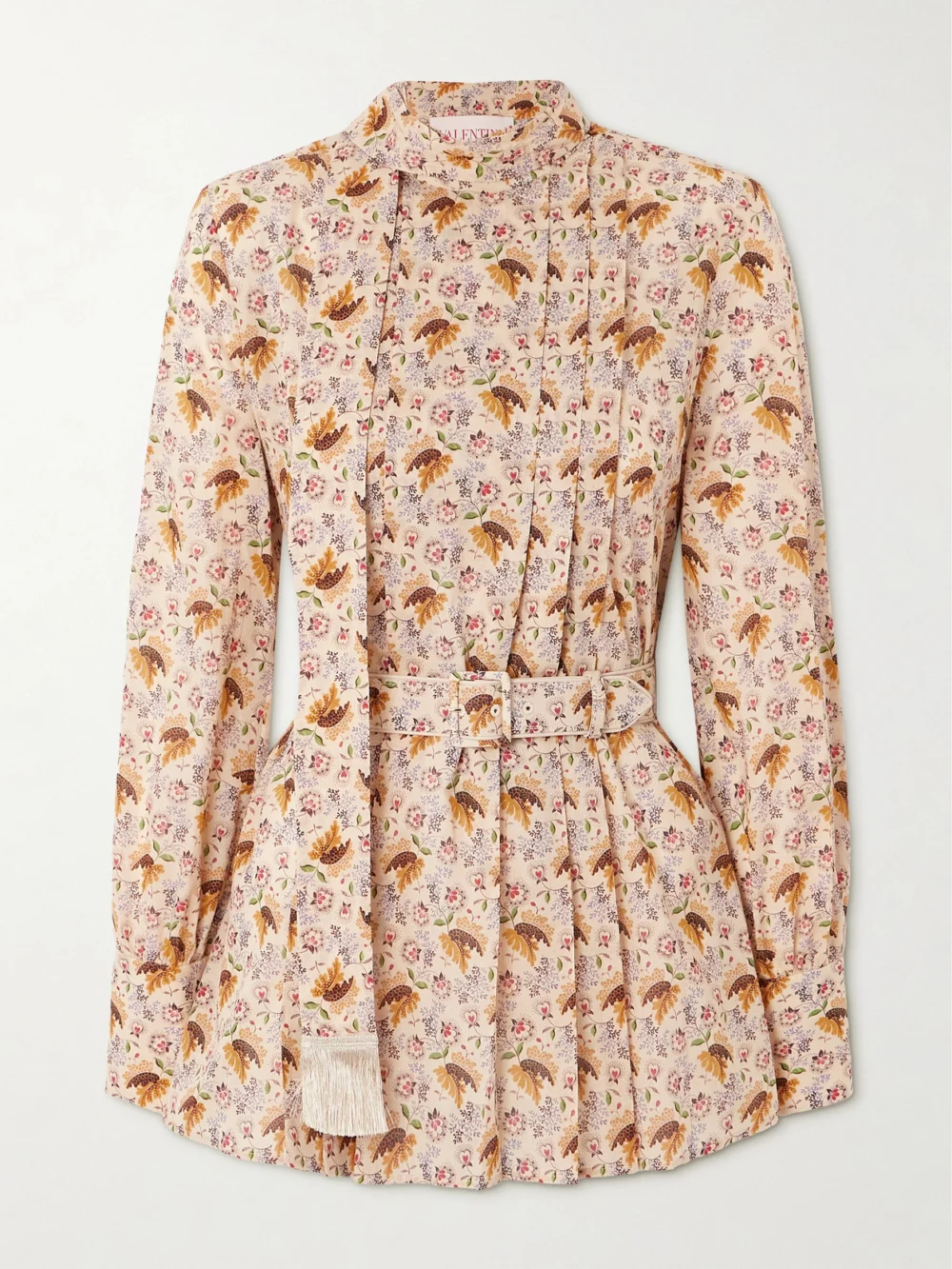 Valentino Garavani Tie-neck Belted Pleated Floral-print Cotton-muslin Blouse in beige