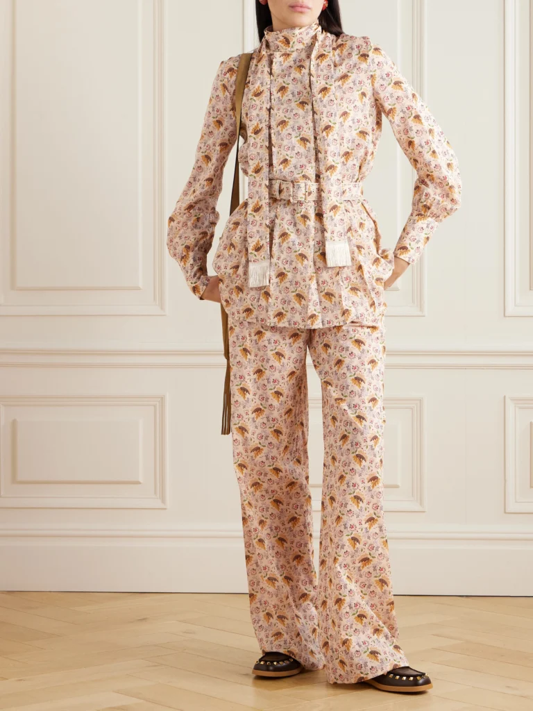 Valentino Garavani Tie-neck Belted Pleated Floral-print Cotton-muslin Blouse