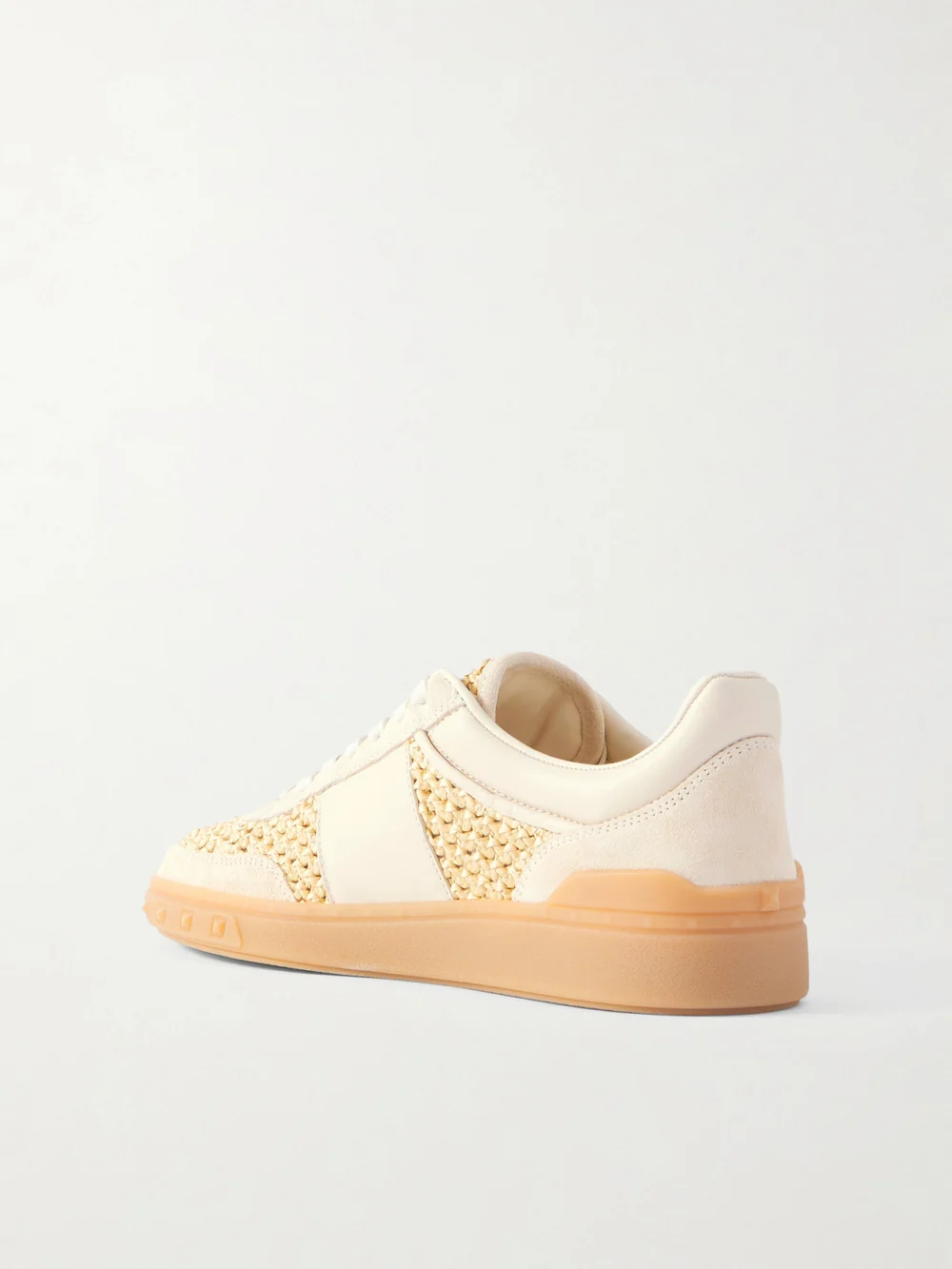 Back view of the Valentino Garavani Upvillage Raffia-trimmed Suede Sneakers