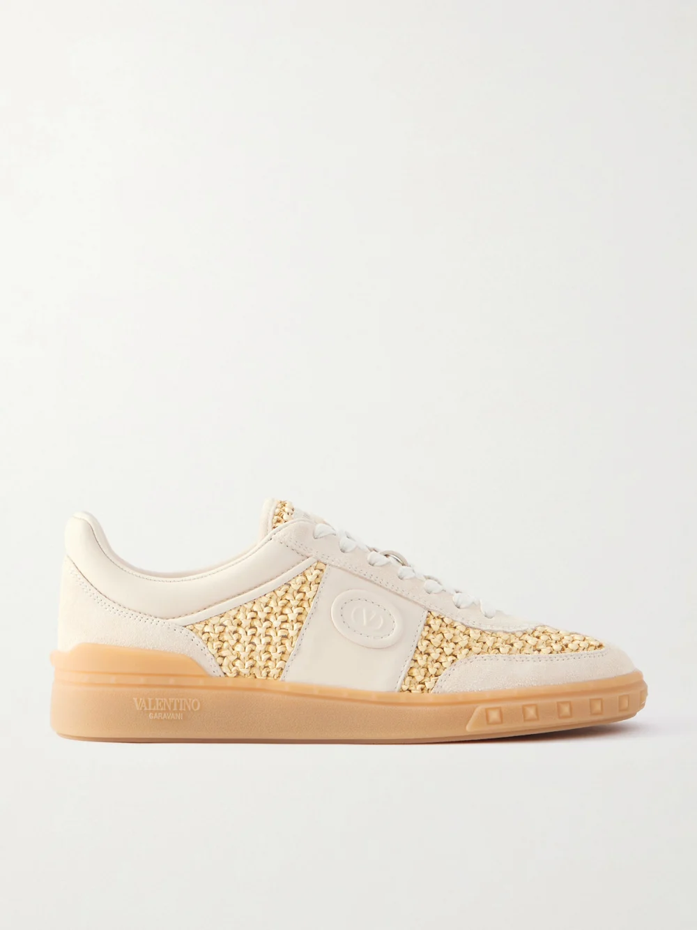 Valentino Garavani Upvillage Raffia-trimmed Suede Sneakers in cream