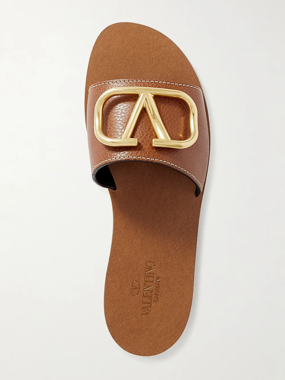 Valentino Garavani Valentino Garavani Vlogo Textured-leather Slides in tan