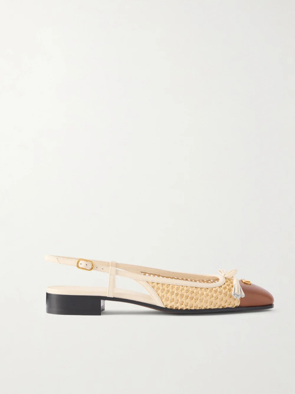 Valentino Garavani Valet Du Roi 25 Tasseled Leather-trimmed and Raffia Slingback Ballet Flats in neutral