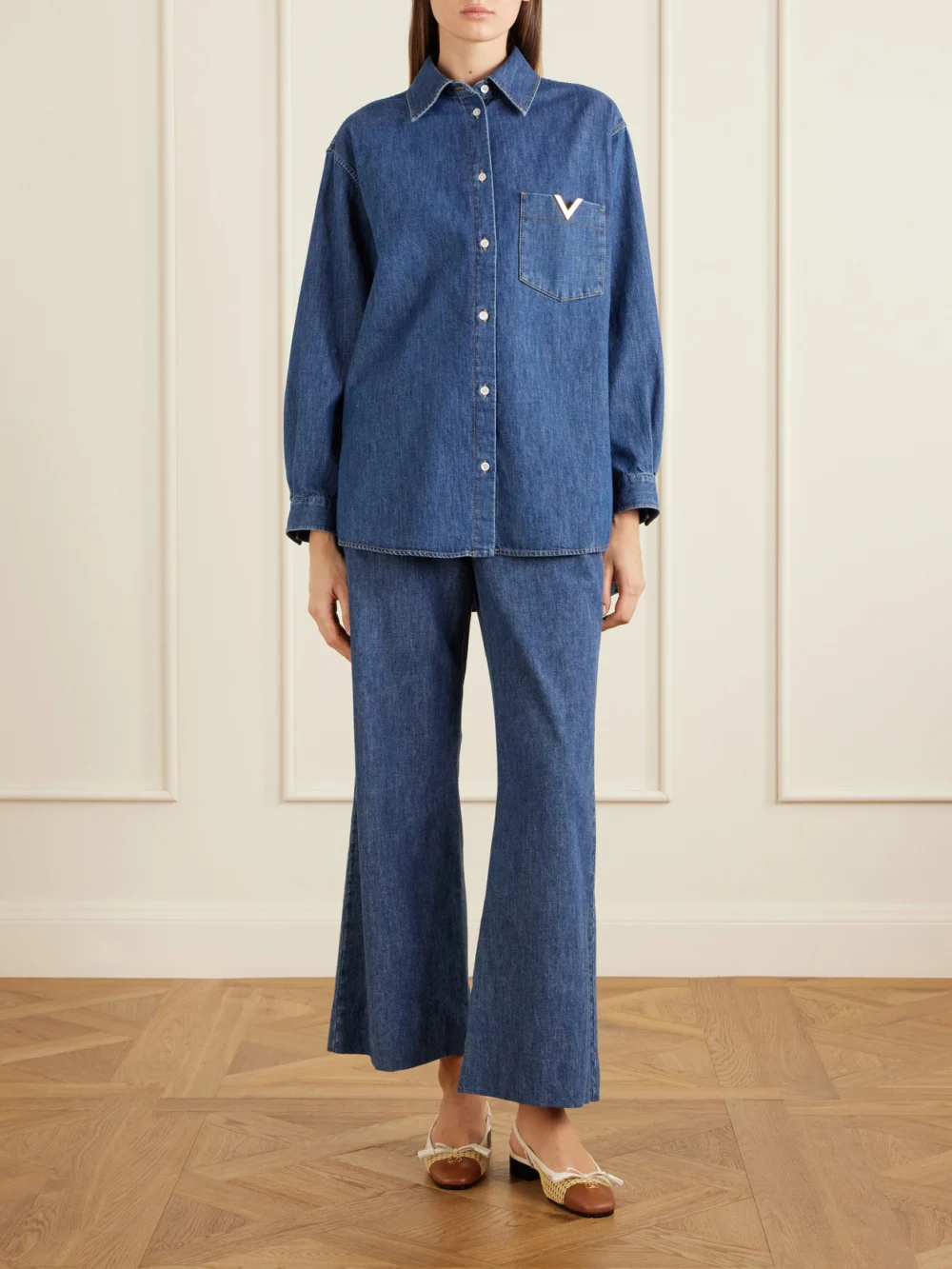 Valentino Garavani Valet Du Roi 25 Tasseled Leather-trimmed and Raffia Slingback Ballet Flats, styled view