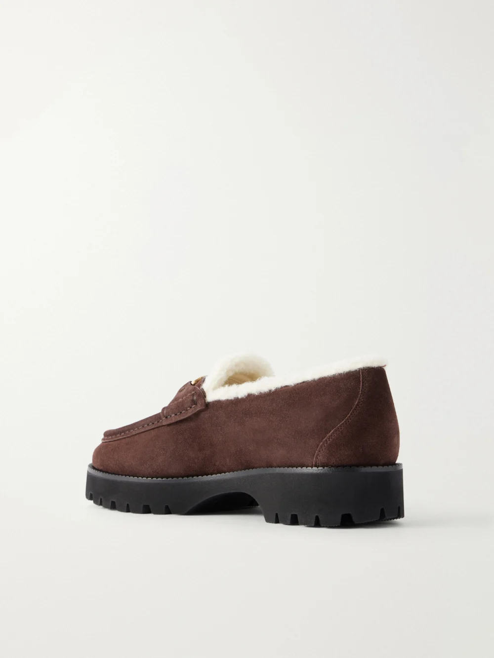 Back view of the Valentino Garavani Vlogo 25 Shearling-lined Suede Loafers