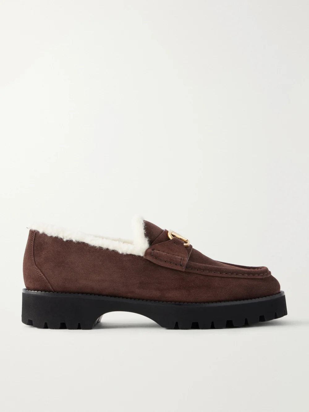 Valentino Garavani Vlogo 25 Shearling-lined Suede Loafers in dark brown
