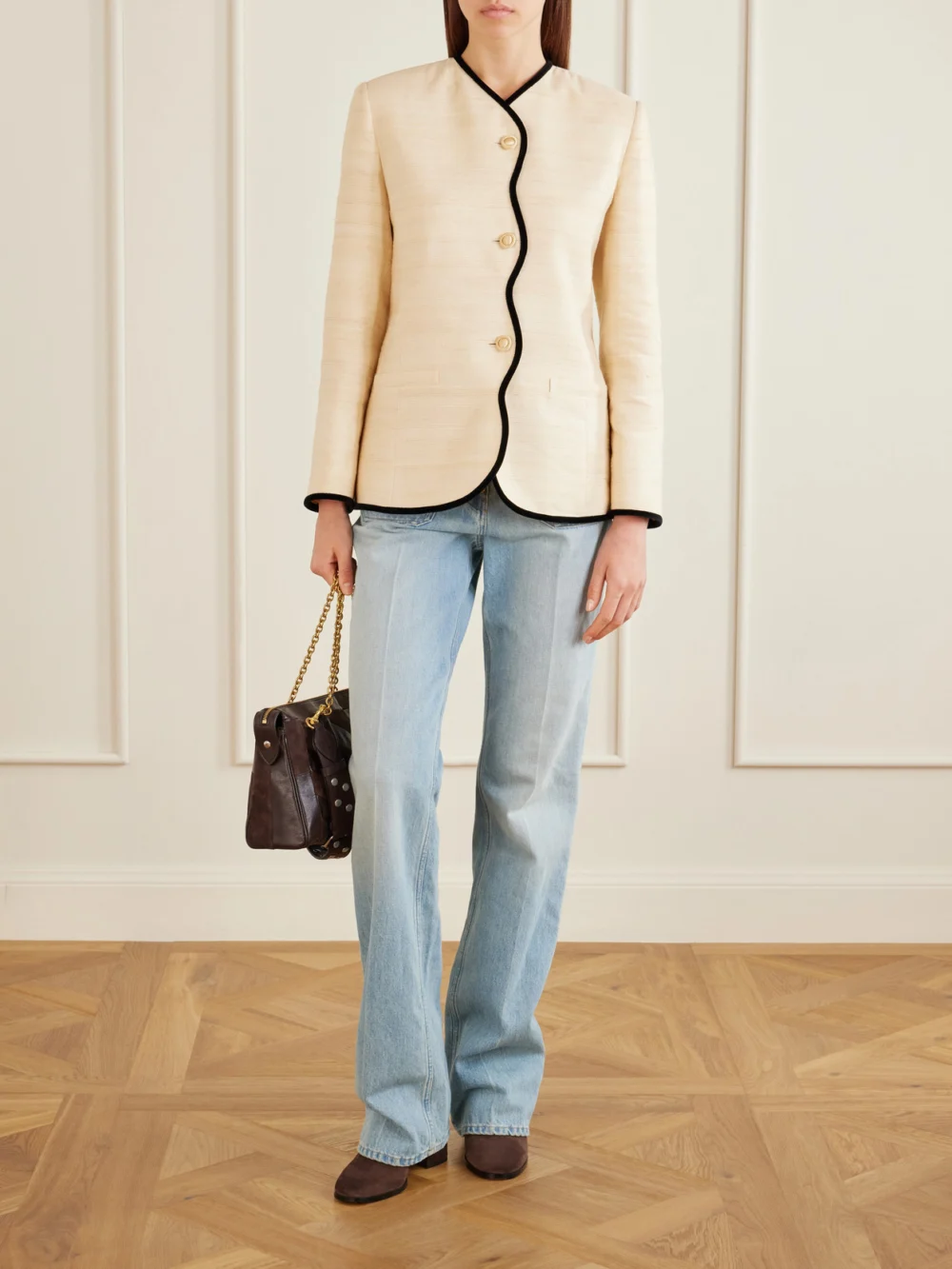Valentino Garavani Vlogo 80 Bootie Fawcette Suede Ankle Boots, styled view