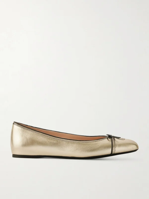 Valentino Garavani Vlogo Bow-embellished Metallic Leather Ballet Flats