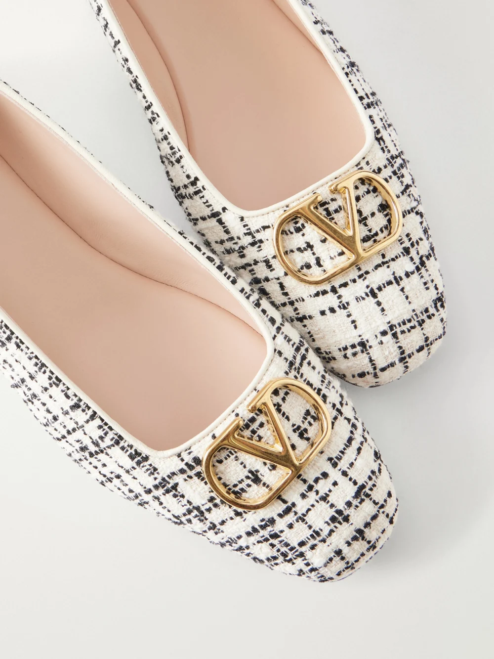 Close-up detail of the Valentino Garavani Vlogo Checked Leather-trimmed Bouclé Ballet Flats