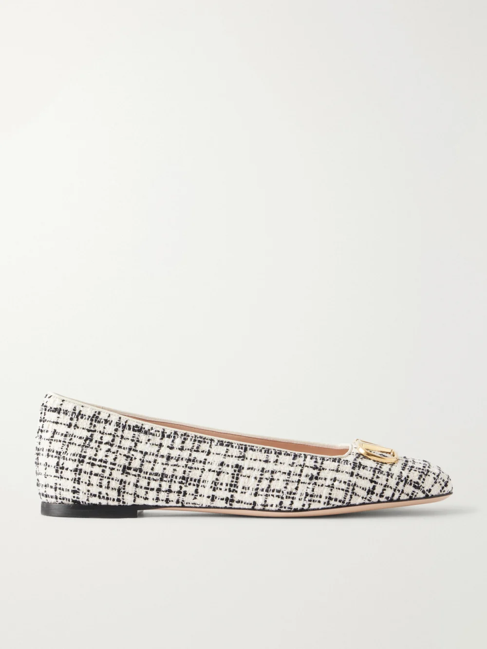 Valentino Garavani Vlogo Checked Leather-trimmed Bouclé Ballet Flats in white